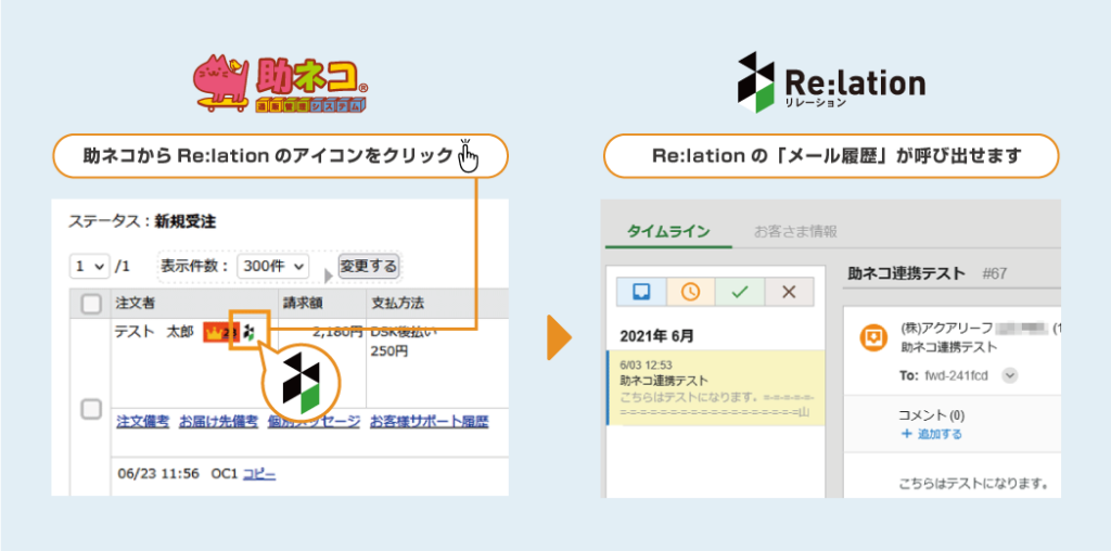 ①助ネコからRe:lationの「メール履歴」の呼び出し