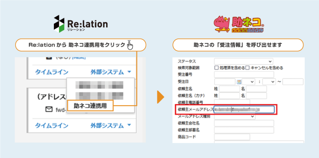 ②Re:lationから助ネコの「受注情報」の呼び出し